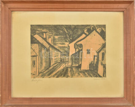 Lavotha Géza (1926-1999): Udvar, 1962. Monotípia, papír. Jelzett. 20,5x29 cm. Üvegezett fakeretben.