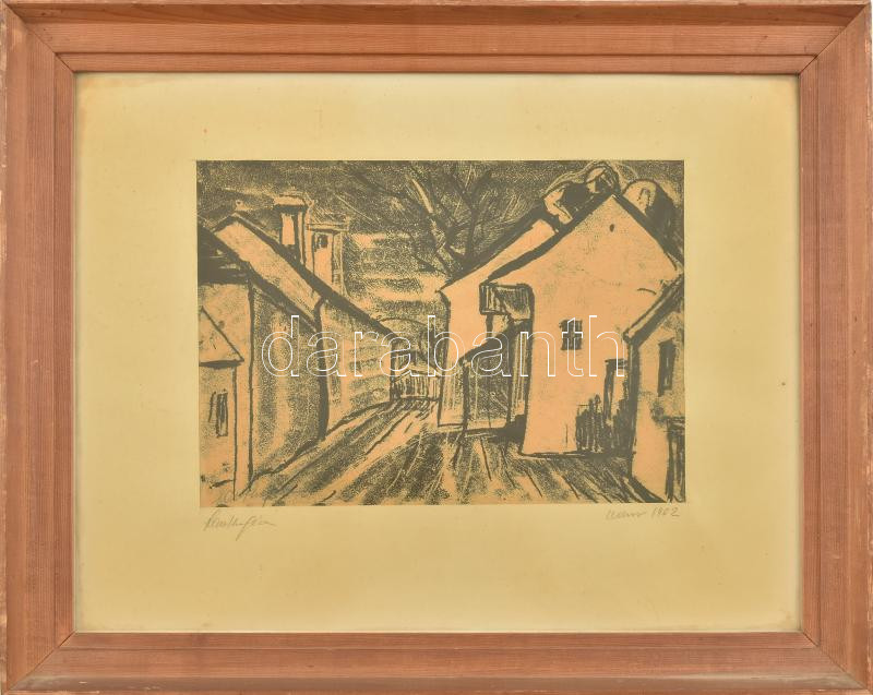 Lavotha Géza (1926-1999): Udvar, 1962. Monotípia, papír. Jelzett. 20,5x29 cm. Üvegezett fakeretben.