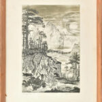 Tuka László (1924-2007): Hegyekben. Rézkarc, papír, jelzett, számozott (18/100). Üvegezett fakeretben, 41×26 cm
