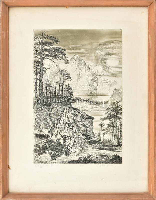 Tuka László (1924-2007): Hegyekben. Rézkarc, papír, jelzett, számozott (18/100). Üvegezett fakeretben, 41×26 cm
