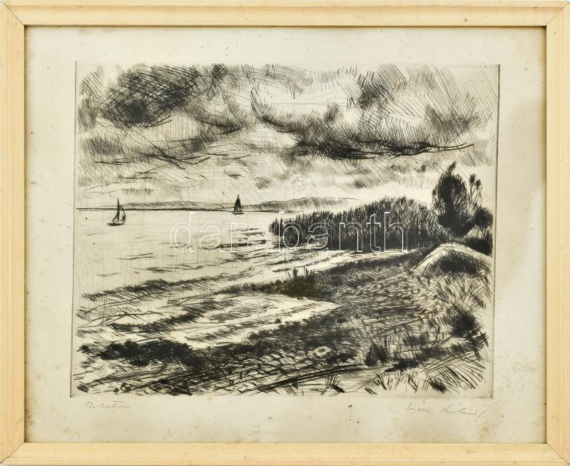 Iván Szilárd (1912-1988): Balaton. Rézkarc, papír, jelzett, üvegezett keretben, lap széle kissé foltos, 30×39 cm