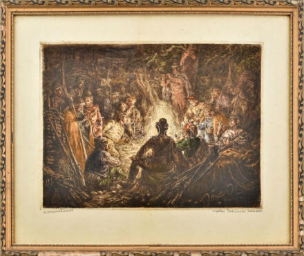 Vidai Brenner Nándor (1903-?): Kurucztábor. Színezett rézkarc, papír, jelzett. Sérült,üvegezett fakeretben. 29×39 cm