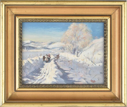 Varga Bencsik József (1944-): Hazafelé. Olaj, farost. jelzett. Dekoratív fakeretben. 12x15 cm