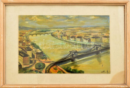 Olvashatatlan jelzéssel: Budapesti panoráma. Olaj, karton. 15x23 cm. Üvegezett fakeretben.