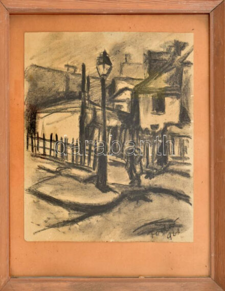 Fodor jelzéssel: Sétáló. Szén, papír. Üvegezett fakeretben. 24,5x20 cm