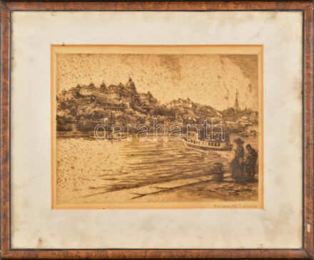 Baranski Emil László (1877-1941): Budapesti panoráma. Rézkarc, papír, jelzett. Foltos. Üvegezett, kissé sérült fa keretben. 19x27 cm