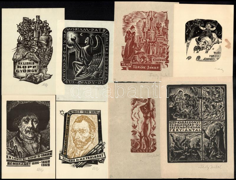 Fery Antal 13 db jelzett ex libris és kisgrafika, benne erotikus és egyéb jó motívumok. Jelzettek. 14x19 cm-ig