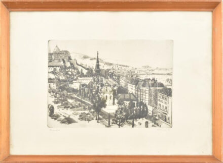Csisztu Mihály (1933-2008): Buda. Rézkarc, papír, jelzett, kissé hullámos, üvegezett fakeretben, 20×29 cm