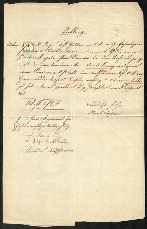 1855 3kr CM illetékbélyeg okmányon Temesvár Erdély / 3 kr Convention Munze fiscal, in Josefstadt Temesvar (Banat, Roumania)
