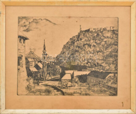 Váci András (1928-1989): Gellérthegy, rézkarc, papír, jelzett, apró foltokkal, üvegezett keretben, 29×39 cm