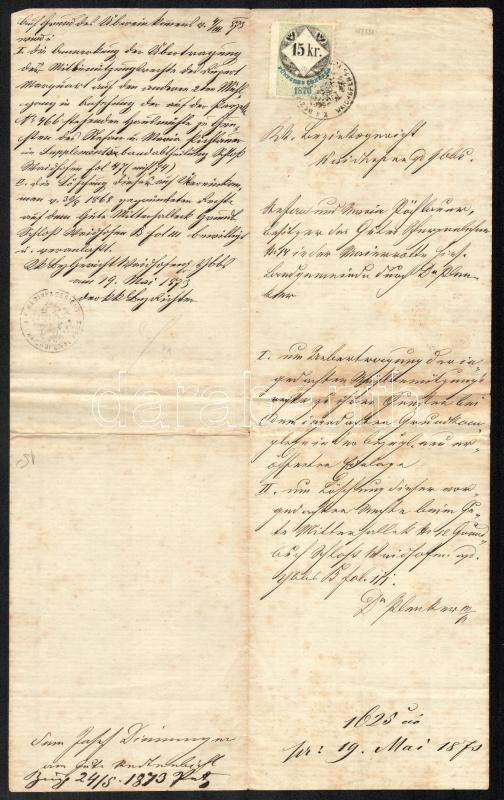 1870-73 15kr CM illetékbélyeg okmányon Waidhofen. / 15 kr Convention Munze fiscal, on document 2 db