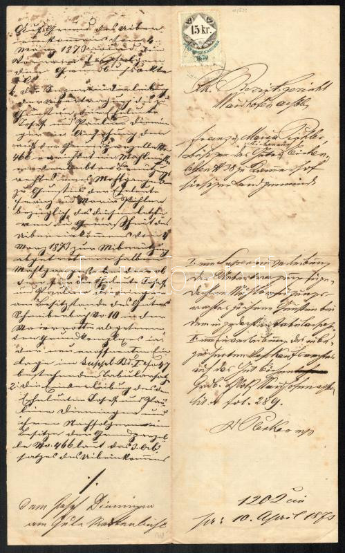 1870-73 15kr CM illetékbélyeg okmányon Waidhofen. / 15 kr Convention Munze fiscal, on document 2 db - Image 2