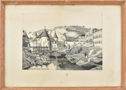 Molnár Gabriella (1940-): Császár malom Budán, 1856. Rézkarc, papír, jelzett, lap széle kissé foltos, üvegezett fakeretben, 29×39,5 cm