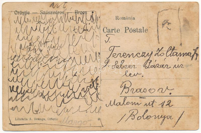Szászváros, Broos, Orastie; Ardeleana román bank, A. Branga könyvkereskedése és I. Vulcu fűszerkereskedés üzlete. A. Branga saját kiadása / Romanian bank, shops (fa) - Image 2