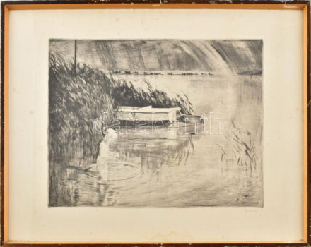 Imre István (1918-1983): Kislány a Balatonban, rézkarc, papír, jelzett, lap széle kissé foltos, üvegezett fakeretben, 30×39 cm