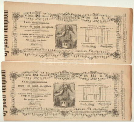 Budapest / Pest 1873. 'A Magyar Királyi Pénzügyminisztérium arany- és ezüst sorsjátéka az Újpesti Katolikus Templom felépítésének javára' 50kr értékben (2x) sorszámkövetők T:II hajtatlan, kisebb beszakadások, gyűrődések