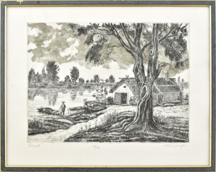 Blahos Rudolf (1917-1986): Tiszapart. Rézkarc, papír, jelzett, számozott (74/100), fakeretben, 29×39 cm