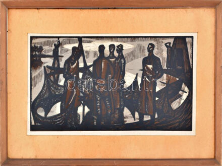 Jelzés nélkül: Halászok. Linómetszet, papír. Kissé hullámos. Fakeretben. 25x50 cm