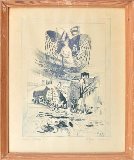 Zala Tibor (1920-2004): Odisseia I. Színes rézkarc, papír, jelzett, számozott (46/100). Üvegezett fakeretben. 40×30 cm