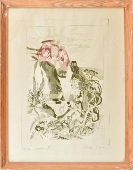 Zala Tibor (1920-2004): Odisseia III. Színes rézkarc, papír, jelzett, számozott (39/100). Lap széle kissé foltos. Üvegezett fakeretben. 40×30 cm