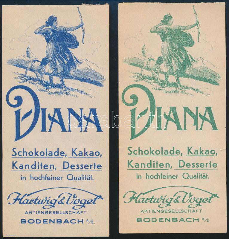 Diana Schokolade, Kakao, Kanditen, Desserte. Bodenbach, Hartwig & Vogel, 2 db német nyelvű számolócédula