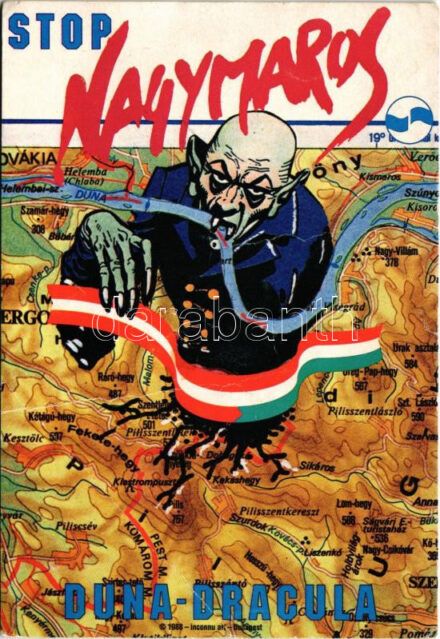 1988 Stop Nagymaros. Duna-Dracula. Eine Initiative der Österreichischen Hochschülerschaft / Osztrák bős-nagymarosi vízlépcső elleni propaganda képeslap / Austrian propaganda against the Gabcíkovo-Nagymaros Dams (fa)
