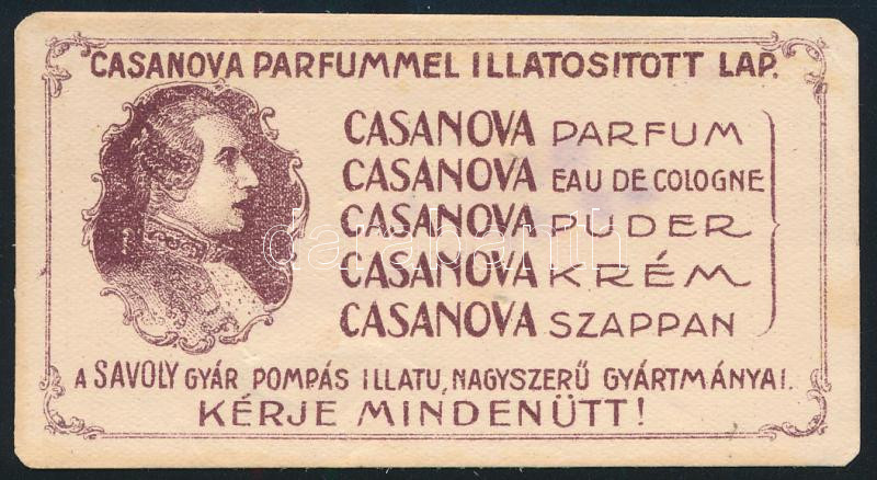 cca 1910 'Casanova parfummel illatosított lap', Casanova reklámkártya, valóban kis illat maradvánnyal, 8x4 cm
