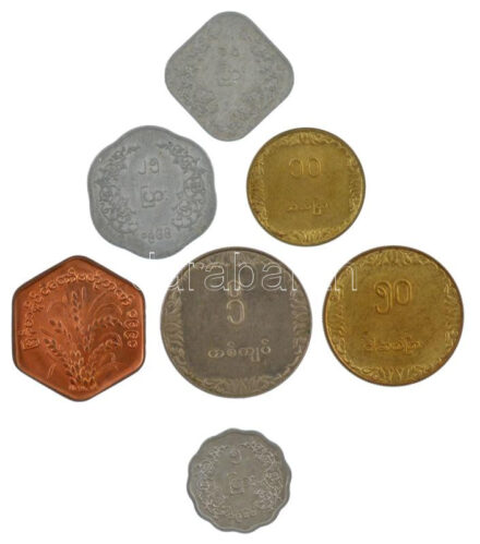 Mianmar / Burma 1p-1K (7xklf) T:2-3 Myanmar / Burma 1 Pyas - 1 Kyat (7xdiff) C:XF-F