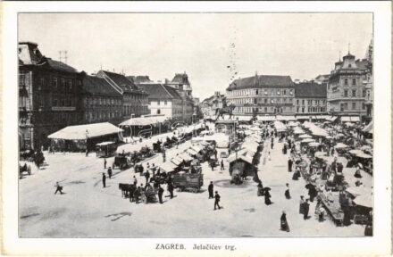 Zagreb, Zágráb; Jelacicev trg / piac, lóvasút, üzletek / market, horse-drawn tram, shops (EK)
