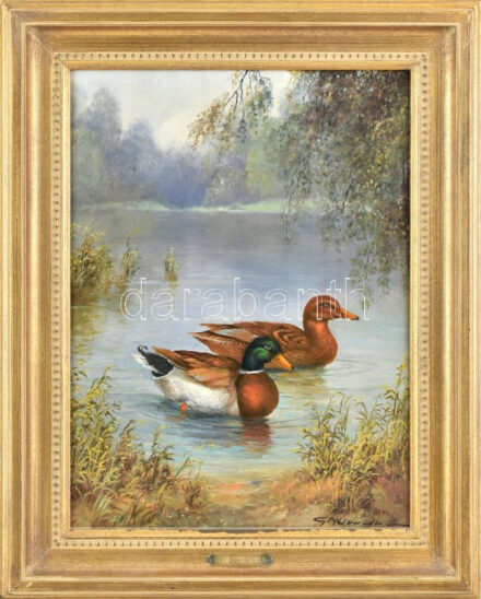 Gerhard Nesvadba (1941-): Vadkacsák. Olaj, vászon. Dekoratív fakeretben. 40x30 cm