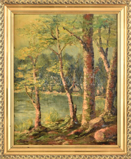 Olvahatatlan (Czinege?) jelzéssel: Vízparti fák. Olaj, farost. Dekoratív fakeretben. 50x40 cm
