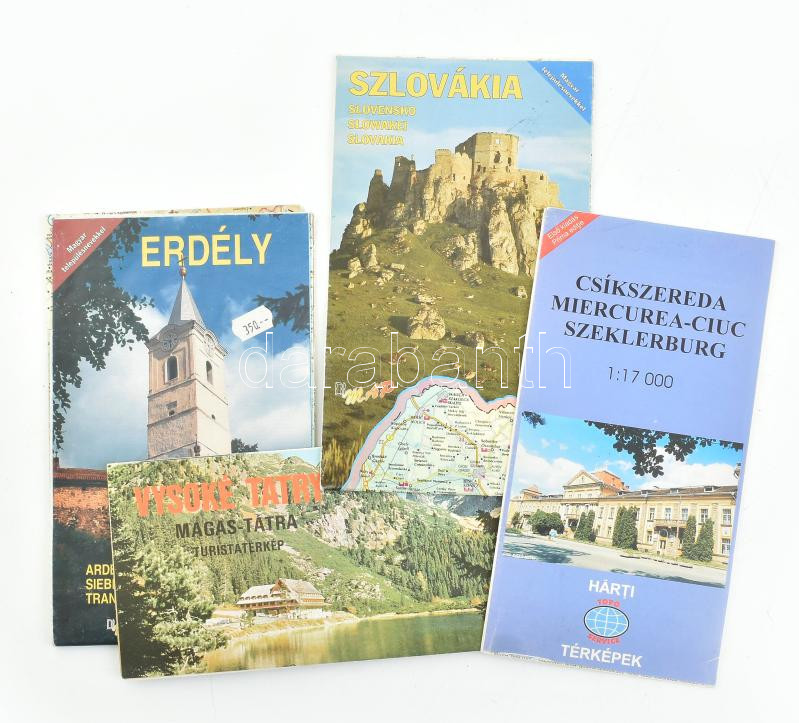 Vegyes modern térkép tétel, 4 db: Erdély, Szlovákia, Csíkszereda, Vysoké Tatry (Magas Tátra.)
