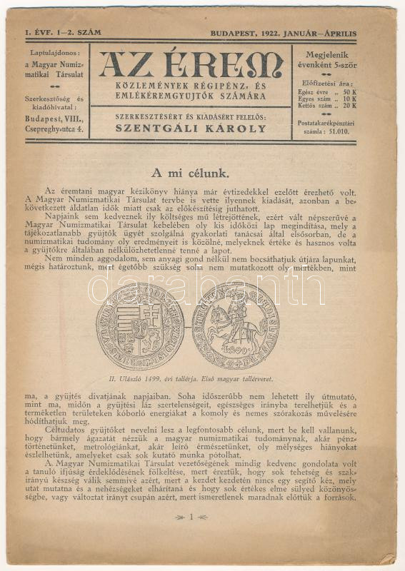Az Érem című folyóirat 1922. évi I. évfolyam 1-2. lapszáma