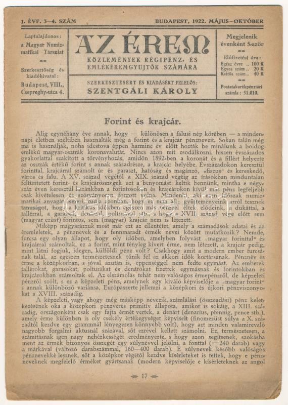 Az Érem című folyóirat 1922. évi I. évfolyam 3-4. lapszáma, gerincén nagyméretű szakadás