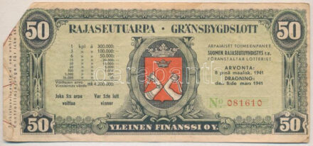 Finnország 1941. 'Rajaseutuarpa gränsbygdslott' sorsjegy 50M értékben T:III Finland 1941. 'Rajaseutuarpa gränsbygdslott' 50 Markkaa lottery ticket C:F