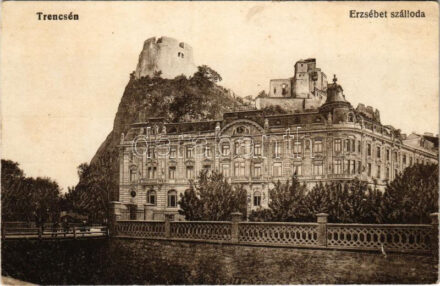 Trencsén, Trencín; Erzsébet szálloda, vár. Vasúti Levelezőlapárusítás 2607. / Trenciansky hrad / hotel, castle (EK)