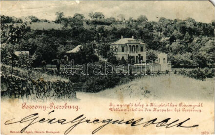 1898 (Vorläufer) Pozsony, Pressburg, Bratislava; nyaraló telep a Kárpátokban Pozsonynál. Schmidt Edgar kiadása / Villenviertel in den Karpaten / villa district in the Carpathians (EM)