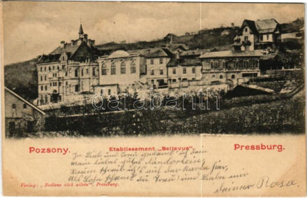 1902 Pozsony, Pressburg, Bratislava; Etablissement Bellevue / Bellevue szálloda és étterem, nyaraló. Verlag 'Bediene dich allein' / hotel, restaurant, villa (EK)