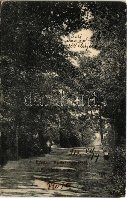 1913 Szobránc, Szobráncfürdő, Kúpele Sobrance; 'Szerelmes' erdei sétány. Ignáczy Géza fényképész kiadása / romantic forest walkway, promenade (EK)
