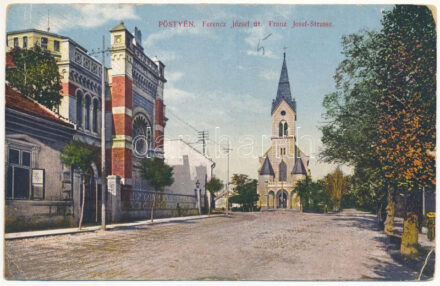 1914 Pöstyén, Piestany; Ferenc József út, zsinagóga és evangélikus templom. Fuchs Margit kiadása / Franz Josef-Strasse / synagogue and Lutheran church, street view (szakadás / tear)