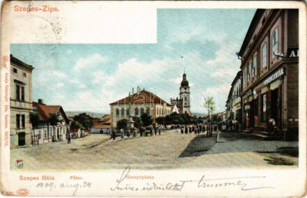 1909 Szepesbéla, Szepes-Béla, Spisská Belá (Szepes, Zips); Fő tér, Gyógyszertár, üzletek. Feitzinger Ede 560. 1902/12. Auto-Chrom / Hauptplatz / main square, pharmacy, shops (EK)