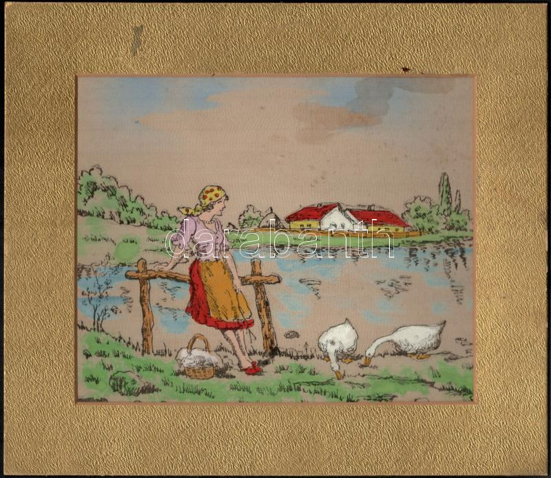 Jelzés nélkül: Lány libákkal. Színezett nyomat, vászon, paszpartuban. 19x23 cm