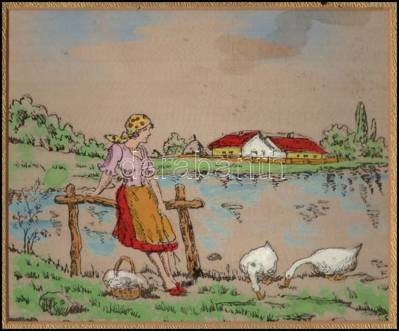 Jelzés nélkül: Lány libákkal. Színezett nyomat, vászon, paszpartuban. 19x23 cm - Image 2