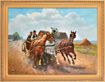 Szegvári Károly (1920-2002): Lovaskocsi . Olaj, farost, jelzett,, fakeretben. 60x80 cm