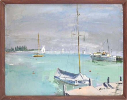 Horváth László (?-?): Hajók. Olaj, farost. Jelzett. Dekoratív keretben. 60x80 cm