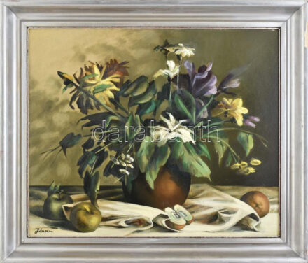 Jánosi Katalin (1951 - ): Virágcsendélet. Olaj, farost, fakeretben, jelzett, 50x60 cm