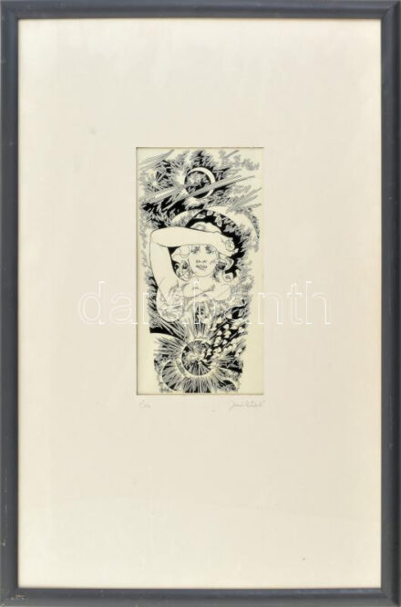 Jurcsák László: Ősz. Tus, papír. Jelzett. Üvegezett alumínium keretben, 24x13cm