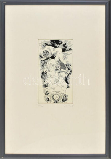 Jurcsák László: Tavasz. Tus, papír. Jelzett. Üvegezett alumínium keretben, 24x13cm