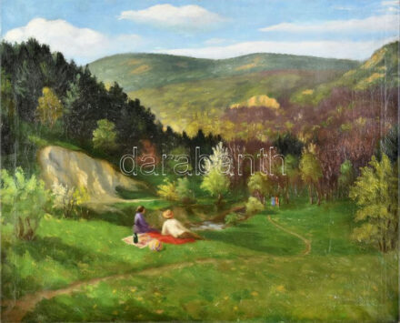 Jelzés nélkül: Piknik a szabadban. Olaj, vászon. Javított. 54x67 cm.