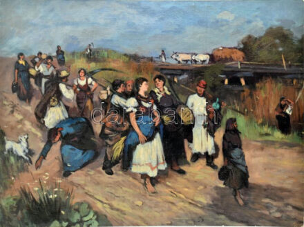 Deák-Ébner Lajos után, L. jelzéssel: Hazatérő aratók. Olaj, vászon, kartonra kasírozva. 60x80 cm.